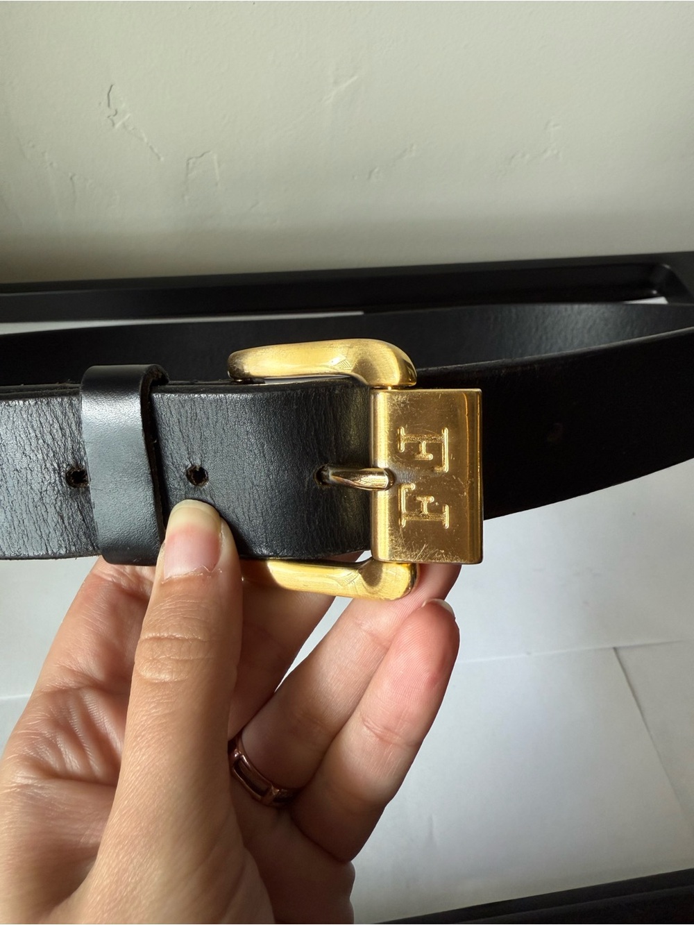 Black Leather Belt with FF Gold Buckle